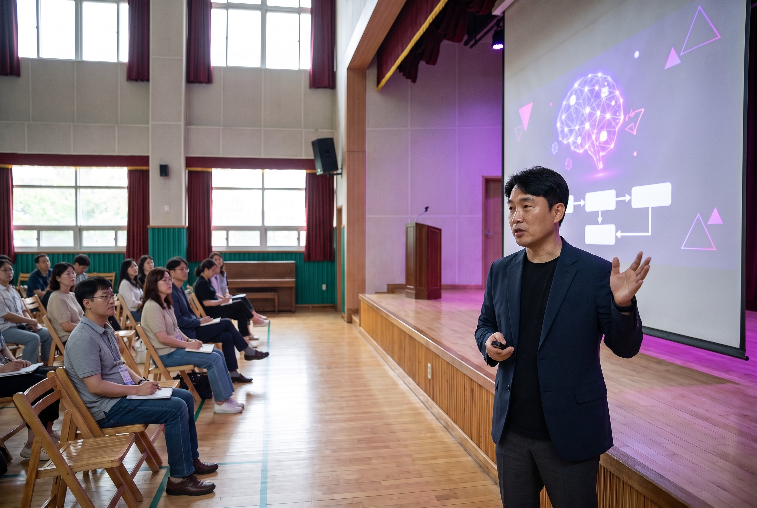 학교 강당에서 남성이 교원·학부모를 대상으로 AI 발표를 하는 장면